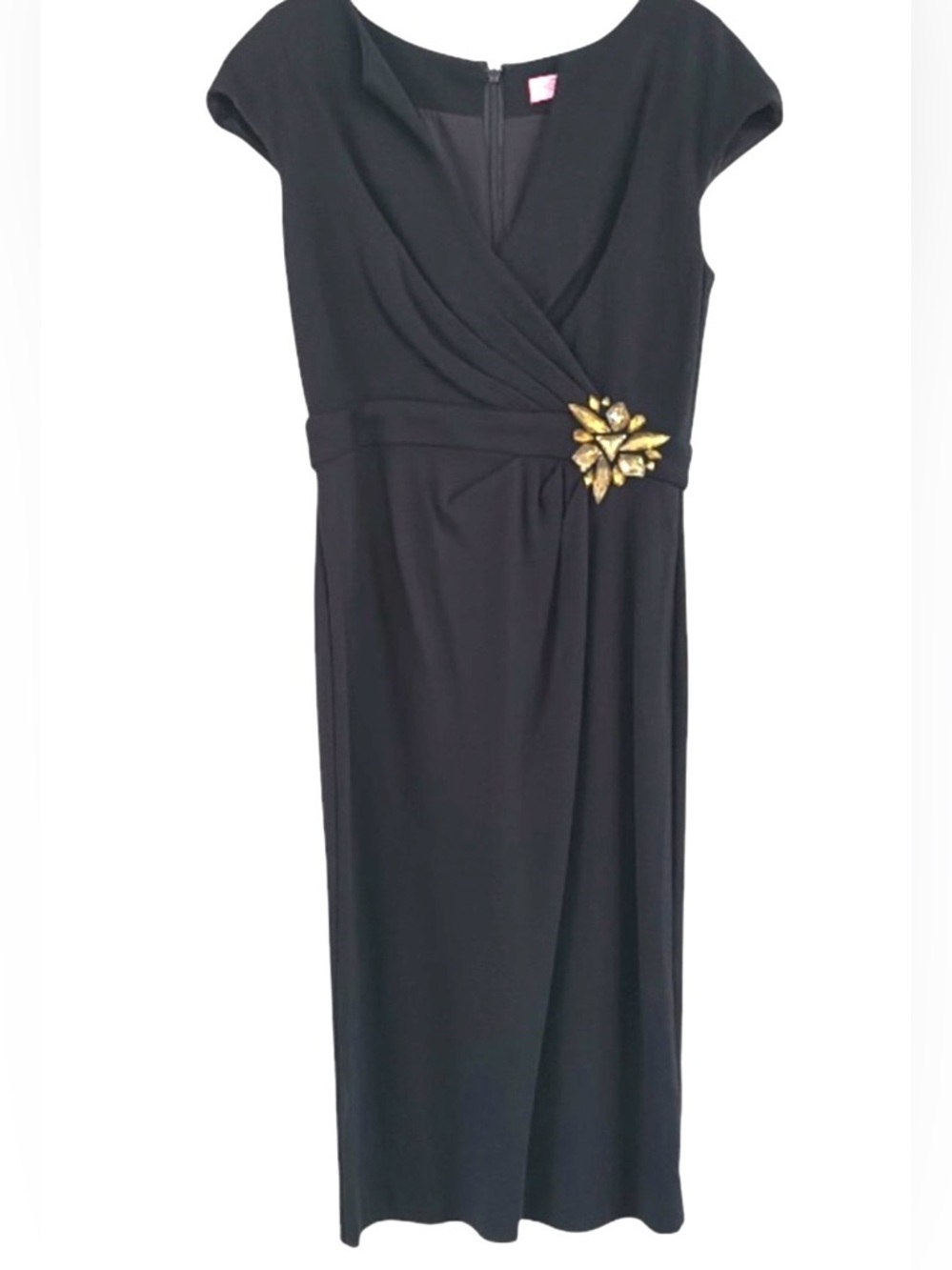 Eliza J Black Cap Sleeve Faux Wrap Cocktail Dress Gold Brooch LBD Elegant Size 4